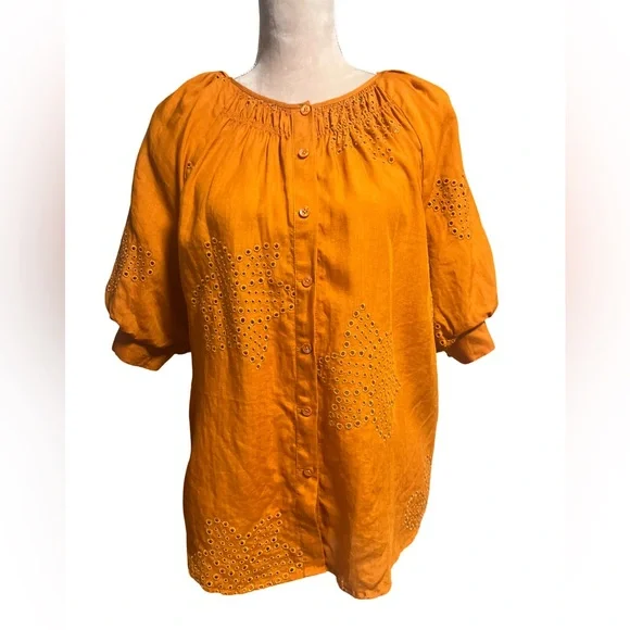 Chico's Vibrant Orange Cutwork Blouse Size L - Picture 4 of 12